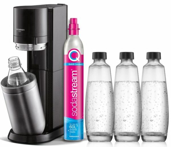 SodaStream Wassersprudler "DUO Vorteilspack", (Set, 6-tlg), (1x SodaStream Wassersprudler DUO (titan), 1x CQC CO2-Zylinder, 3x 1L Glasflasche und 1x 1L spülmaschinenfeste Kunststoff-Flasche)
