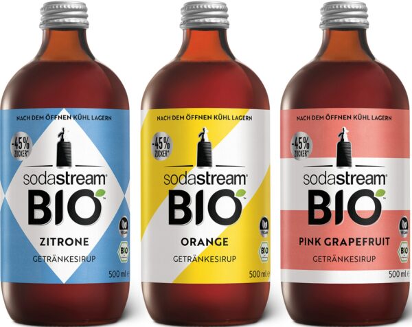 SodaStream Getränke-Sirup BIO-Sirup, Zitrone, Orange, Pink Grapefruit, 0,5 l, (3 Flaschen), Citrus Mix (3er Pack), 1x Flasche ergibt 3,5 Liter Fertiggetränk, Sekundenschnell zubereitet und immer frisch, 500 ml (Zitrone/Orange/Pink Grapefruit)