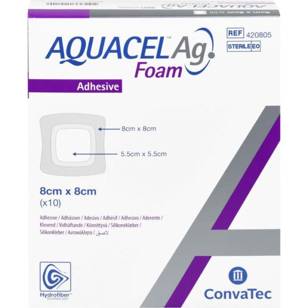 AQUACEL Ag Foam adhäsiv 8x8 cm Verband 10 St.