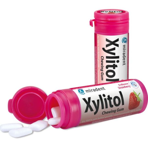 MIRADENT Xylitol Kaugummi Erdbeere 30 g