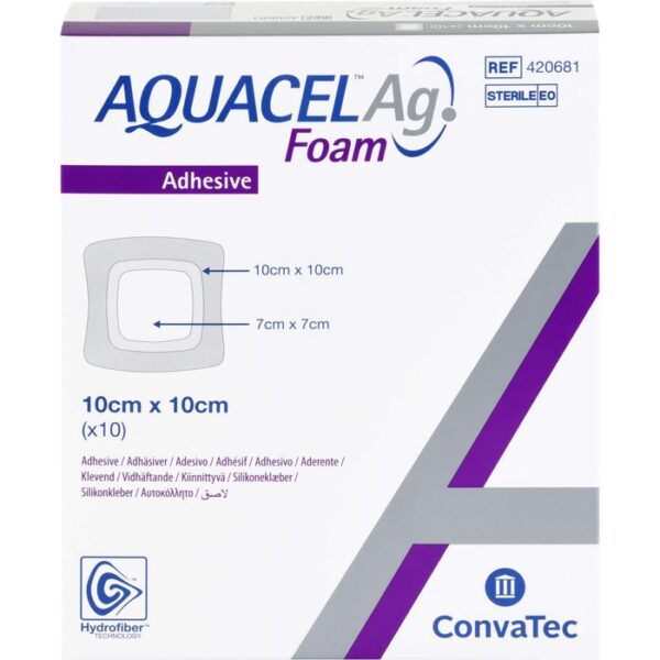 AQUACEL Ag Foam adhäsiv 10x10 cm Verband 10 St.