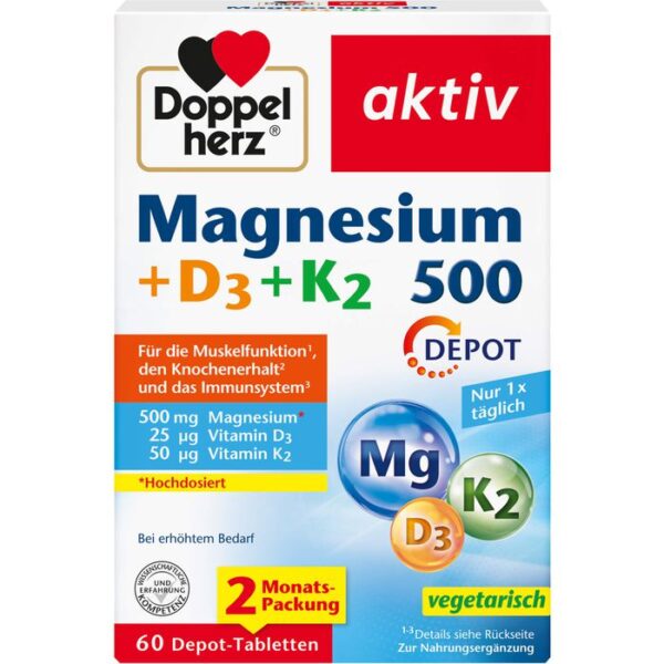 DOPPELHERZ Magnesium 500+D3+K2 Depot Tabletten 60 St.