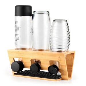 Rainsworth Flaschenhalter kompatibel mit SodaStream Duo und gängige Wasserflaschen, (kompatibel mit SodaStream Duo und gängige Wasserflaschen, 3er Bambus Abtropfhalter, Abtropfständer Abtropfgestell inkl), Abtropfmatte und Deckelhalter