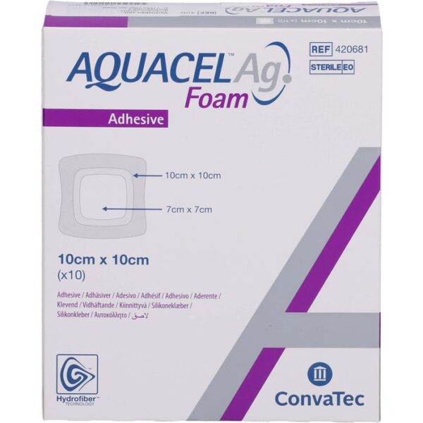 AQUACEL Ag Foam adhäsiv 10x10 cm Verband 10 St.