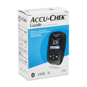 Roche Blutzuckermessgerät Accu-Chek Guide mmol oder mgdl, Starterset, Diabetesüberwachung, mit Bluetooth und App, Großes beleuchtetes Display, Integrierter Auswurfknopf